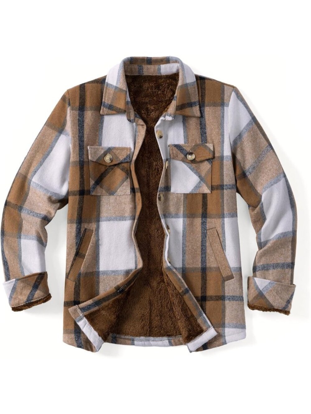 Women's Brown White Sherpa Fleece Lined Winter Plaid Flannel Jacket With pocket - Picture 6 of 6